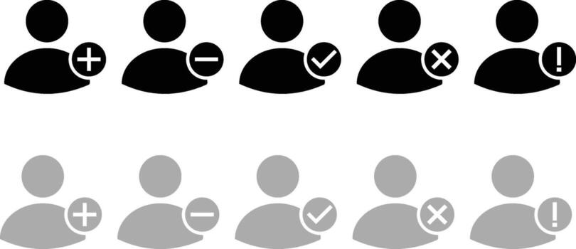 usuario perfil icono colocar. usuario añadir amigo, eliminar, aprobar, bloquear estado. usuario cuenta estado símbolo. perfil verificado firmar vector