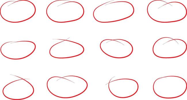 Hand drawn red circle icons. Highlight hand written red circle. Marking highlight circle elements vector