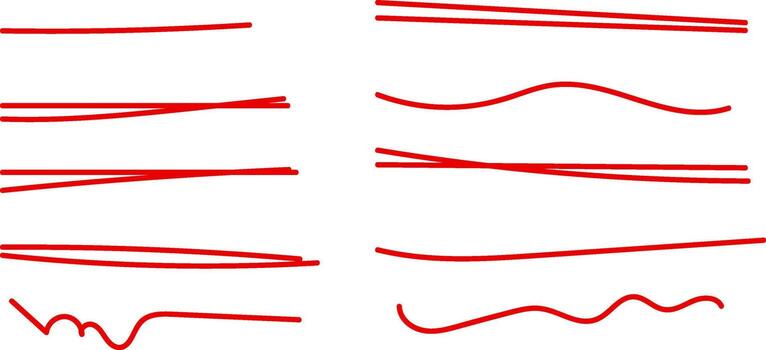 resaltador marcador líneas. rojo mano dibujado subrayar. destacado debajo línea mano dibujo garabatear Arte. rojo carrera realce elementos. decoración debajo línea . vector