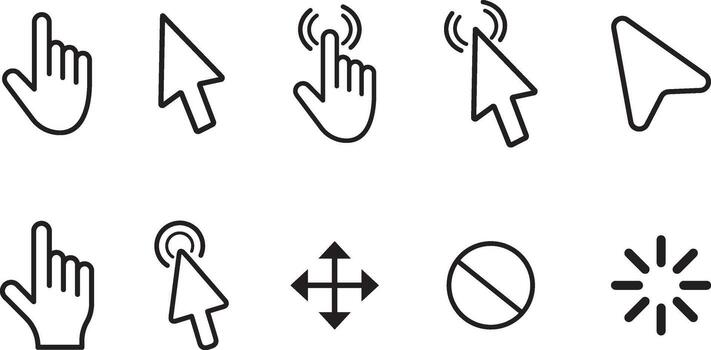 ui cursor íconos paquete hacer clic, grifo, mover, carga, inhabilitar estados vector