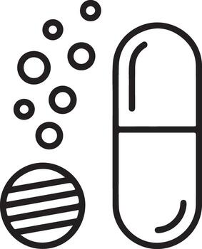 Simple line art icon of a pill and capsule with bubbles representing dissolving medicine vector
