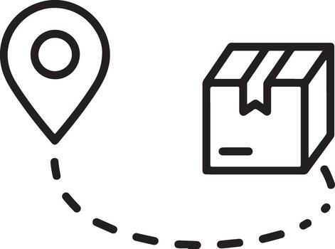 entrega ruta desde un ubicación alfiler a un Envío caja con rayado línea vector