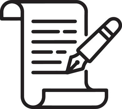 Icon of a quill pen writing on a scroll of paper with lines of text vector