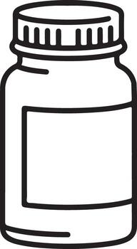 Simple outline drawing of a medicine bottle with a blank label and cap vector