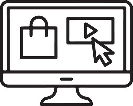 Computer screen displaying shopping bag and play button with cursor clicking vector