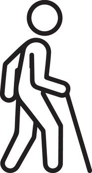 Simple outline icon of a person walking with a cane and backpack vector