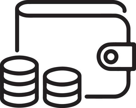 Simple line art icon of a wallet with stacked coins representing finance vector