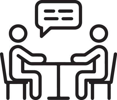 Two people sitting at a table in a conversation with a speech bubble above vector