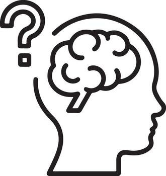 Illustration of a human head profile with a question mark and a brain inside vector