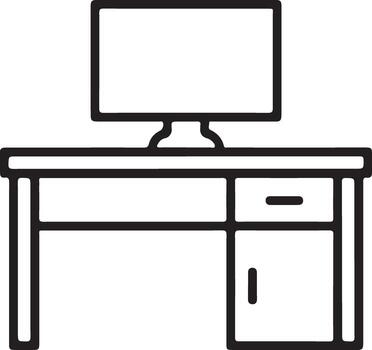 Simple line art icon of a modern desk with a computer monitor vector