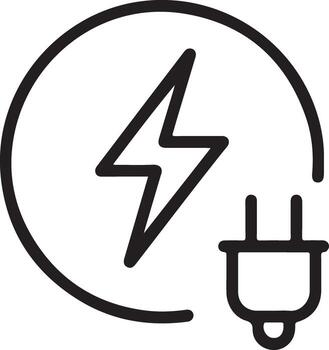 Simple line art icon of a lightning bolt inside a circle with an electrical plug vector