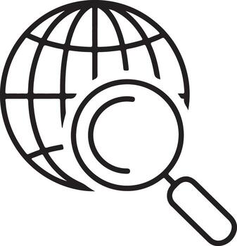 Global search icon with magnifying glass over a stylized globe outline vector