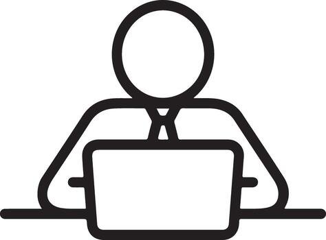 Simple line art icon of a person working on a laptop computer at a desk vector