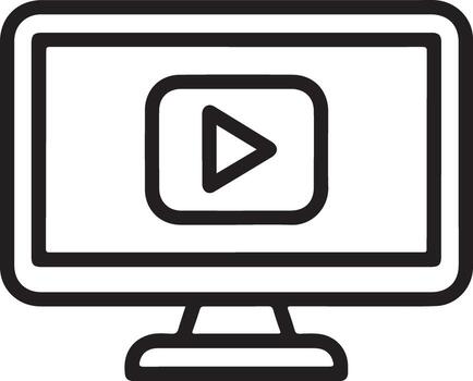 Simple black and white line art icon of a computer monitor displaying a play button vector