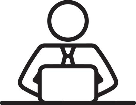 Simple line art icon of a person working on a laptop at a desk vector