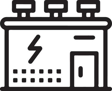 Simple line icon of an electrical substation building with lightning bolt symbol vector