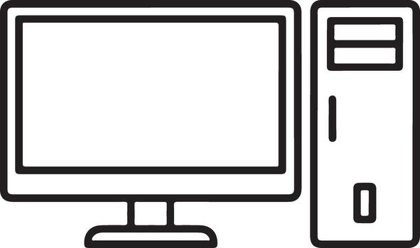 Simple line art icon of a desktop computer monitor and tower vector
