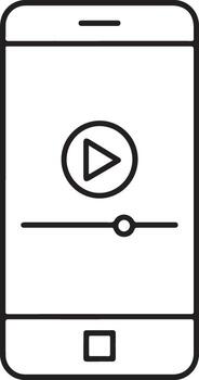 Simple outline icon of a smartphone displaying a player with play button and slider vector