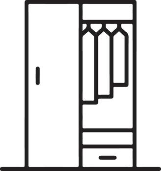 Minimalist line art icon of an open wardrobe with clothes hanging and a drawer below vector
