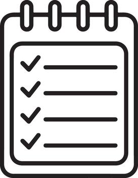 Simple line icon of a spiral bound notebook with a completed checklist and five tick marks vector