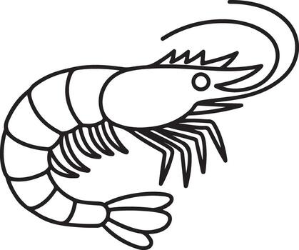 Simple outline drawing of a shrimp with curved antennae and segmented body vector