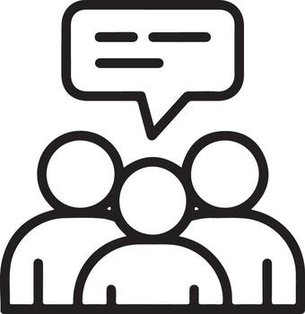 Simple line art icon of three people in a group with a speech bubble above them vector