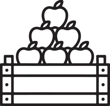 Simple outline icon of a wooden crate overflowing with fresh apples stacked high vector