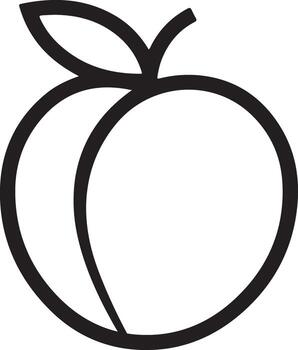 Simple black outline drawing of a single ripe peach with a leaf and stem on a white background vector
