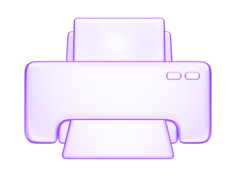 3D glassmorphism printer icon. Glossy minimal purple design symbolizing print, document, and office technology. Suitable for digital UI png