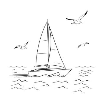 Serene Sailing Trip A Simple Black and White Sketch of a Sailboat on the Open Ocean vector