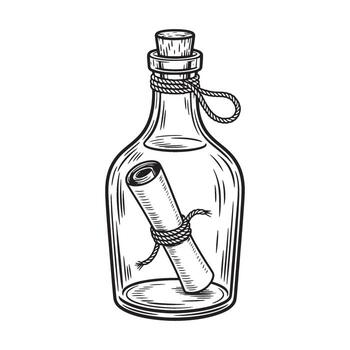 Intricate Line Art Depicting a Message in a Bottle with Detailed Shading and Textural Elements, a Classic Nautical Scene vector