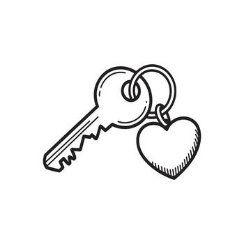 Whimsical Key with Heart Charm A Symbol of Love, Security, and Connection in a Simple, Black and White Design vector