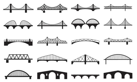 Diverse Array of Black and White Bridge Silhouettes Depicting Various Architectural Styles and Structural Designs Isolated on White vector