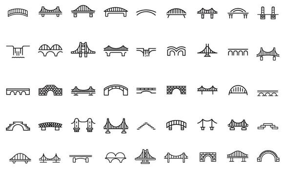Diverse Bridges Icon Set Showcasing Varied Designs and Architectural Styles for Infrastructure Engineering and Transportation Concepts vector