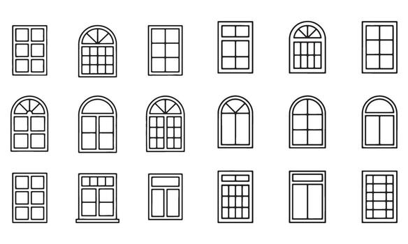 colección de ventana marco ilustraciones exhibiendo varios diseños y estilos para arquitectónico y interior diseño proyectos vector