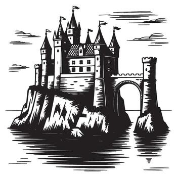 An imposing castle on an island, showcasing medieval architecture and serene waters in a detailed black and white artistic rendition vector