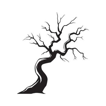 Silhouette of a Bare Tree with Curving Trunk and Branches Against a White Background for Spooky or Halloween Illustration vector