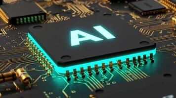 Avancerad artificiell intelligens mikrochip lysande på en trogen krets styrelse representerar modern datoranvändning teknologi. video