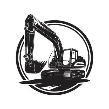 Monochromatic Excavator Silhouette within a Circular Frame Depicting Heavy Machinery for Construction, Engineering, and Development Projects Logo vector
