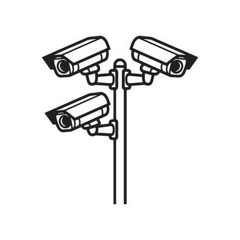 Monochrome Surveillance System Featuring Three Cameras on a Pole Providing Wide Angle Security Coverage and Monitoring vector