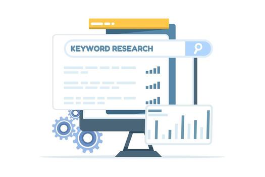 Illustration of keyword research and SEO strategy showing a professional analyzing search trends on a laptop, optimizing website content, and improving online ranking performance. vector