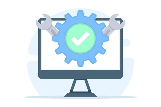 Illustration of troubleshooting concept with PC monitor, gears, and check mark, representing problem solving, system repair, and fixing computer errors efficiently. vector