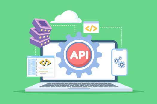 API, solicitud programación interfaz ilustración concepto. representa software integración, datos intercambio, y conectividad, adecuado para sitios web, aterrizaje páginas, móvil aplicaciones, carteles, y pancartas vector