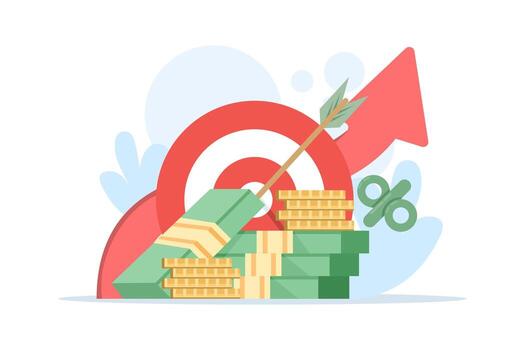 Illustration of personal finance and investment planning with target board and arrows, symbolizing saving goals, financial strategies, and maximizing investment returns. vector