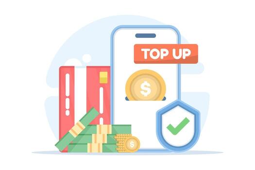 ilustración de un móvil recarga concepto presentando teléfono inteligente, proteger, pago tarjeta, y monedas, representando seguro equilibrar recargar, móvil tecnología, y digital pago seguridad. vector