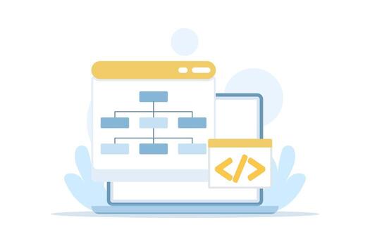 Illustration of website sitemap and SEO structure concept, featuring a professional organizing site architecture to enhance navigation, indexing, and search engine optimization. vector