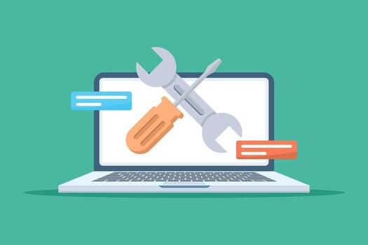 illustration of computer repair and maintenance service concept. Laptop screen with wrench and screwdriver represents IT support, technical assistance, and device troubleshooting. vector