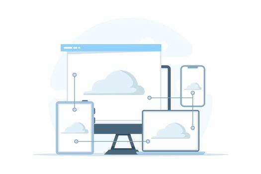 illustration of cloud computing concept. Depicts cloud server, device data exchange, and file synchronization technology for online storage and digital data management. vector