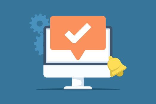 Illustration of a man with a notification showing a check mark, symbolizing process completion, system success, approval, correctness, and confirmed or accepted information. vector