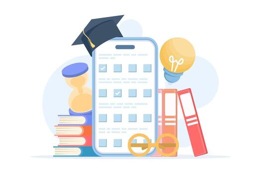 Online exam illustration for web banner. Depicts digital testing, quiz interface, and assessment platform, suitable for websites, landing pages, mobile apps, posters, and banners in flat style. vector
